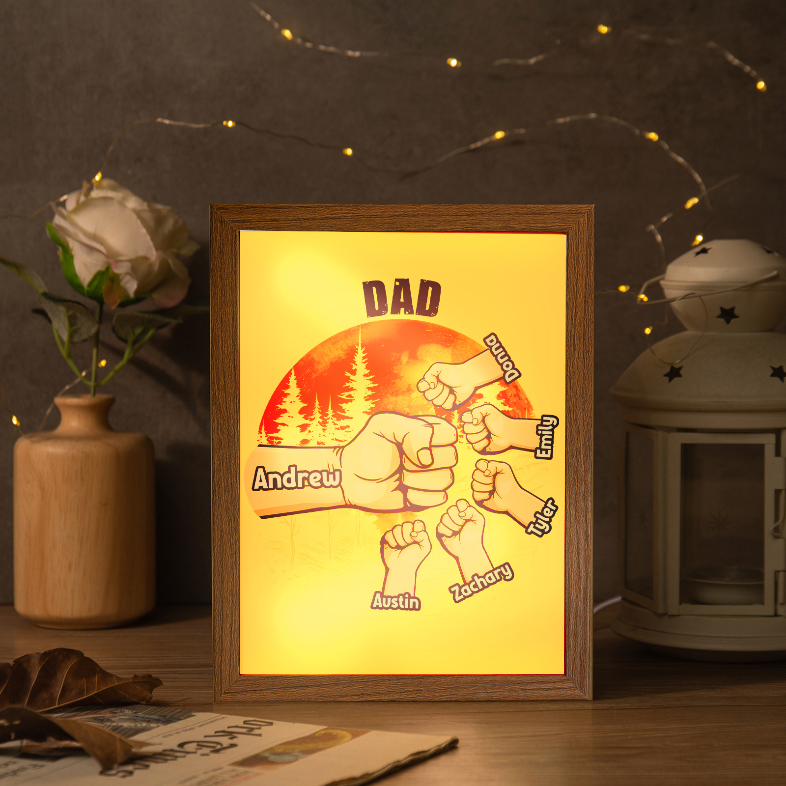 6 Names-Personalised Fist Dad LED Light Wooden Photo Frame -Custom Text & Names, Adjustable 3 Colors