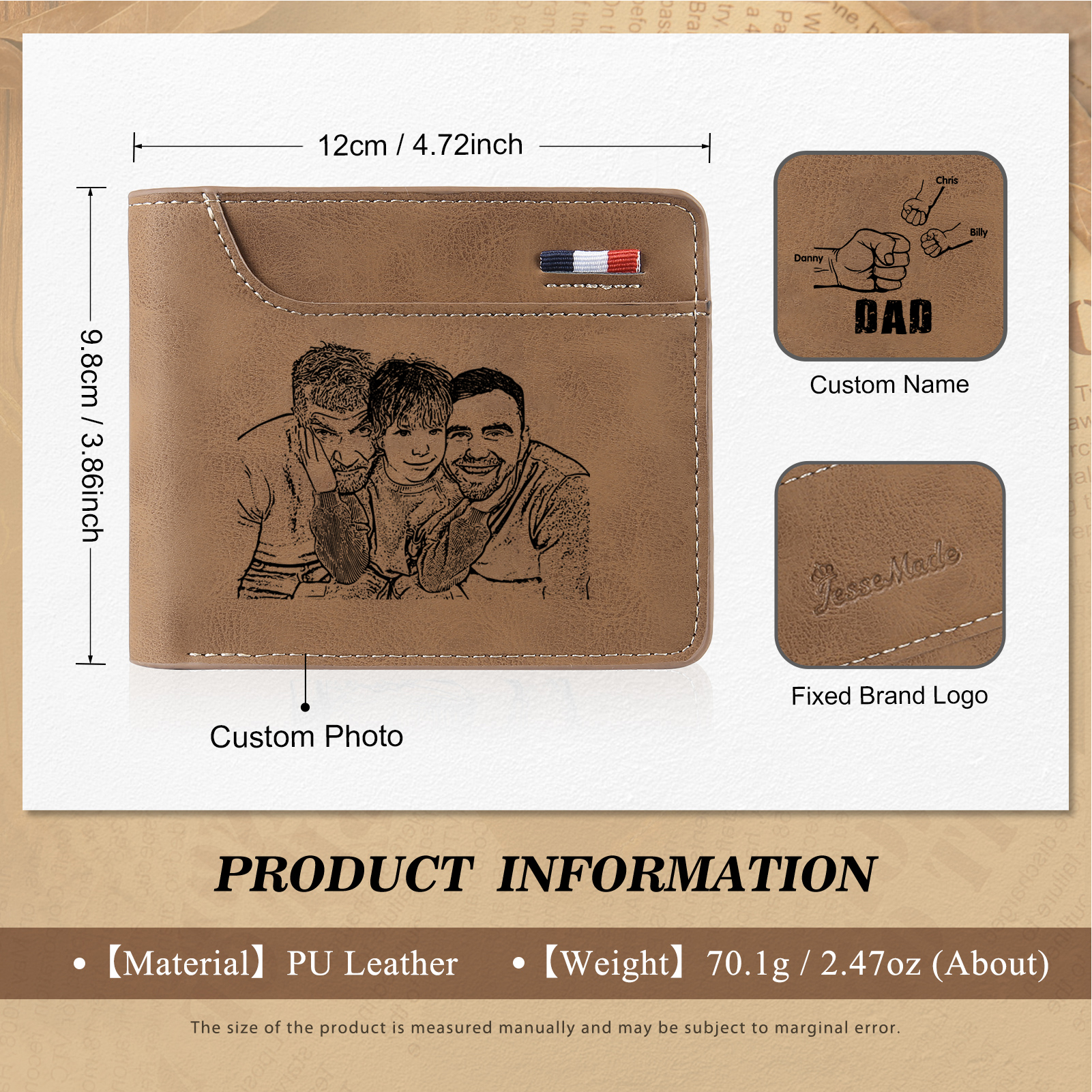 3 Names - Personalised Photo Custom Leather Men's Folding Wallet as a Father's Day Gift for Dad