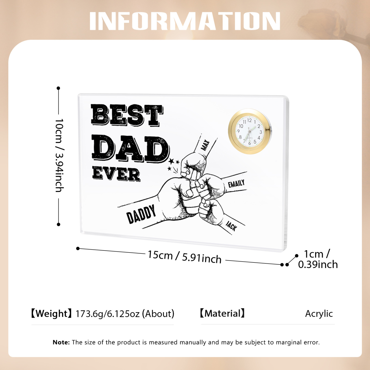 4 Names - Personalised Fist Bump Pattern Custom Name Acrylic Rectangular Clock Ornament Father's Day Gift