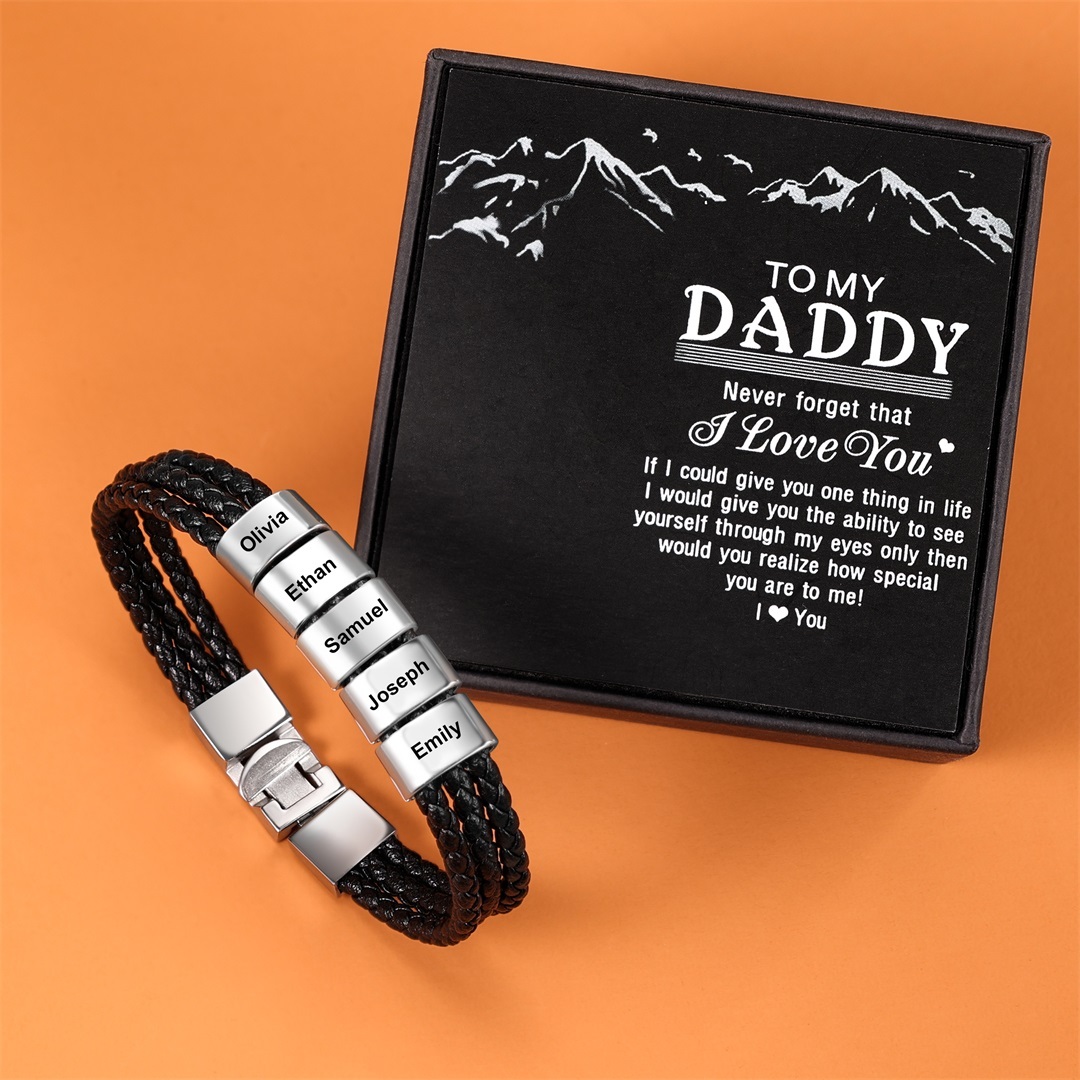 Personalised Braided Leather Bracelet Engraved 5 Names Men's Bracelet Gifts For Him