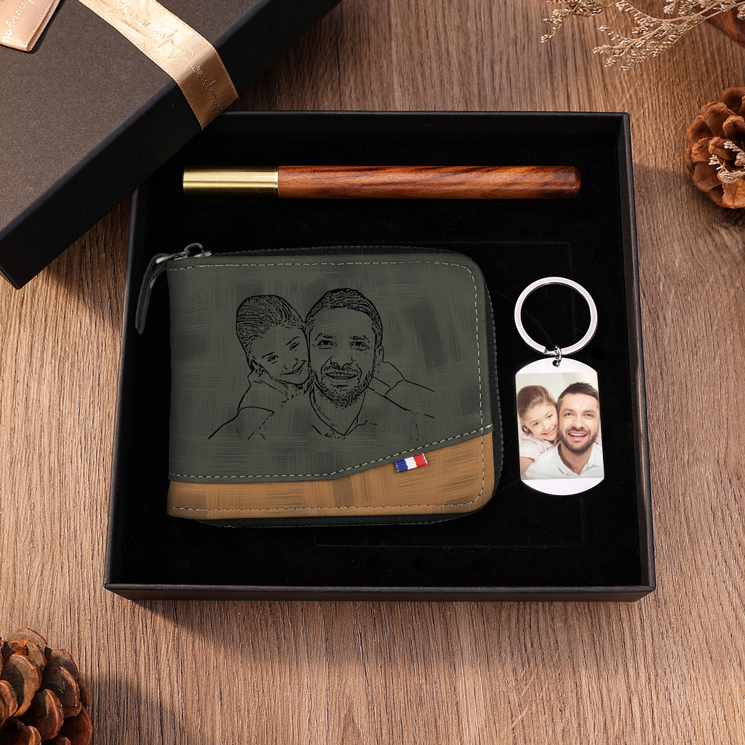 Personalised 2 Photo & Names Gift Set Custom Wallet & Bracelet Gift Box Set Father’s Day Gifts