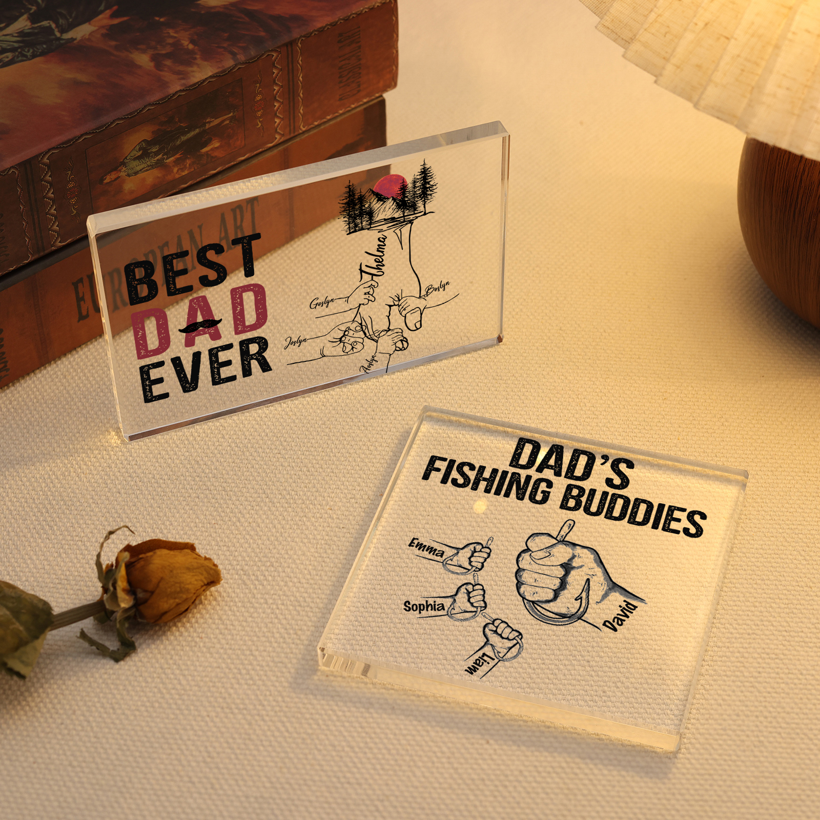 4 Names - Personalised Fishhook Fist Bump Pattern Family Acrylic Keepsake Customized Name Acrylic Home Decor Gift for Dad