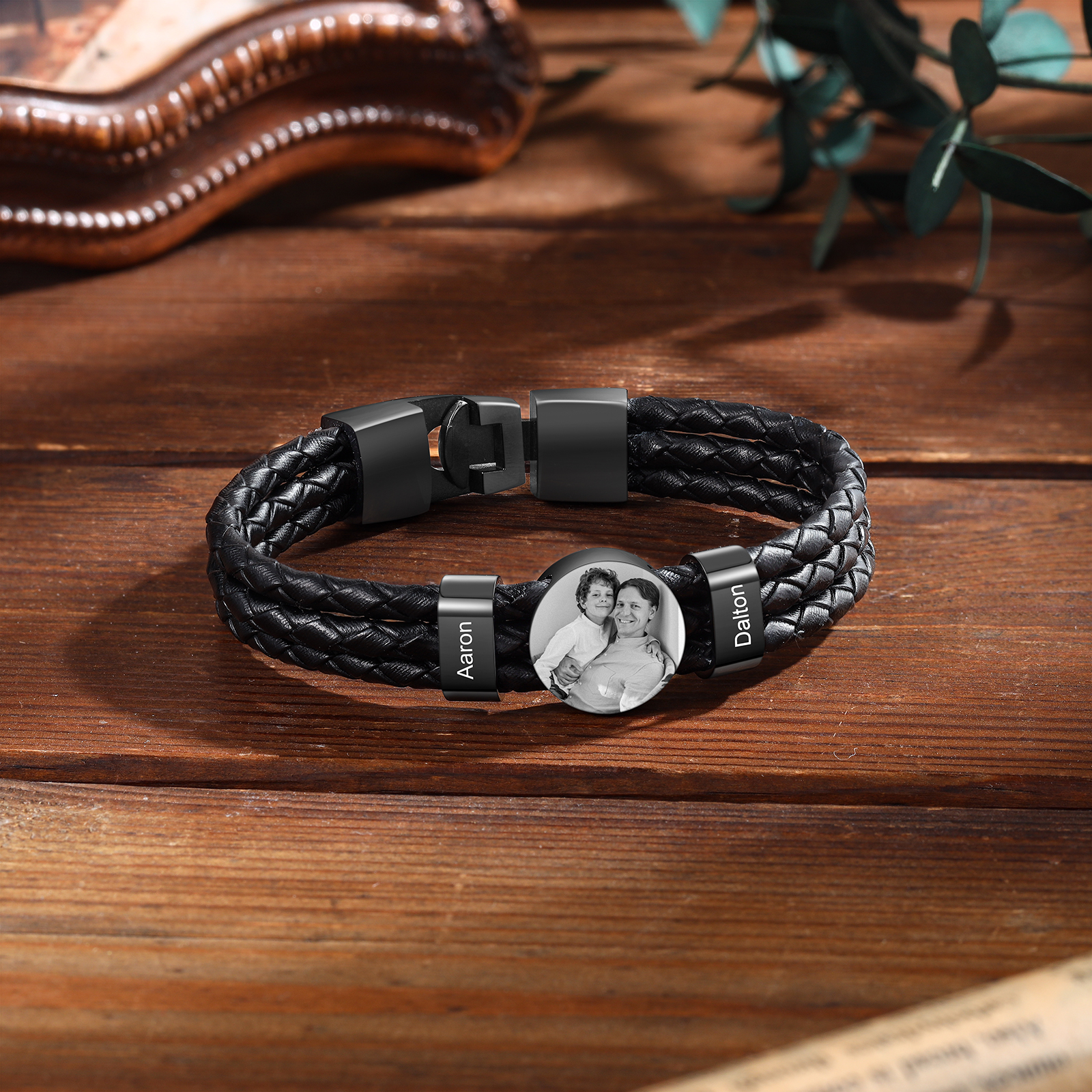 Personalised Braided Leather Bracelet Engraved with 2 Names and Customized 1 Photo Men's Bracelet for Dad