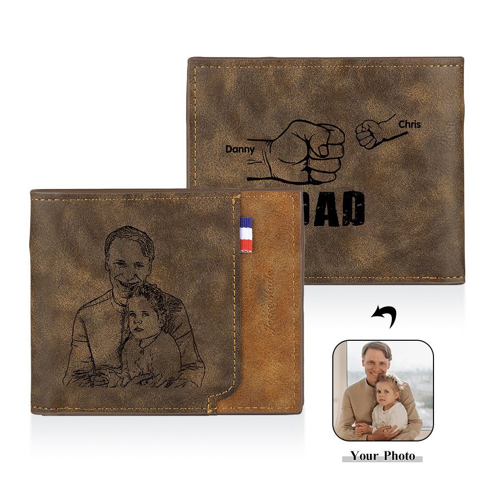 2 Names - Personalised Fist Bump Photo Custom Leather Men's  Wallet as a Father's Day Gift for Dad