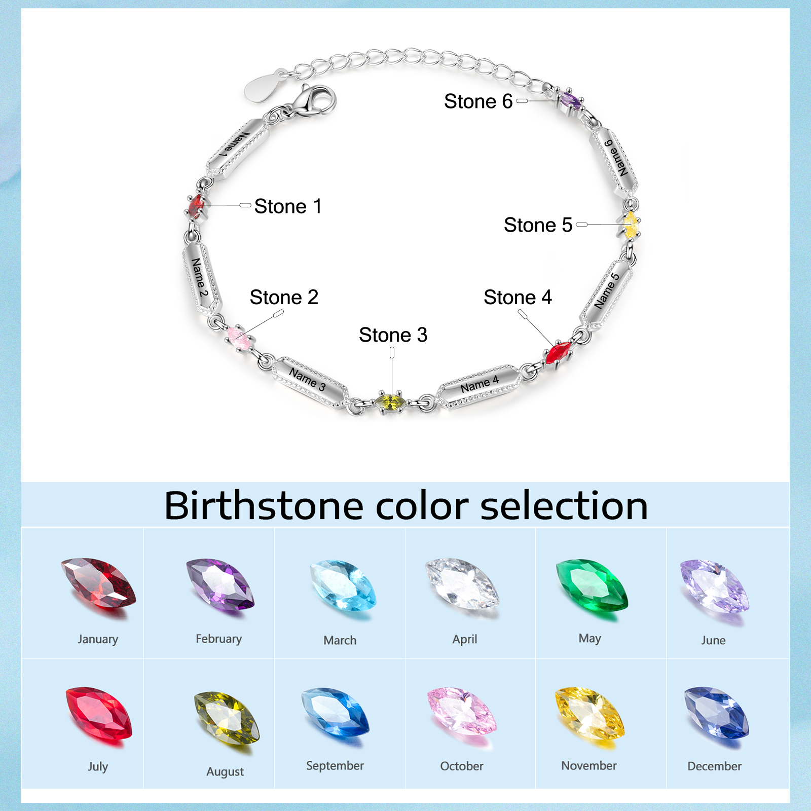 6 Names-Personalised Woman Bracelet With Birthstone Custom Names Bracelet Gift For Women