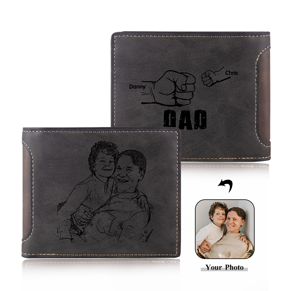 2 Names - Personalised Photo Custom Leather Men's Folding Wallet as a Father's Day Gift for Dad