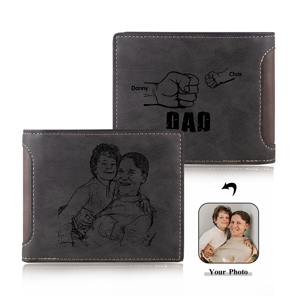 2 Names - Personalised Photo Custom Leather Men's Folding Wallet as a Father's Day Gift for Dad