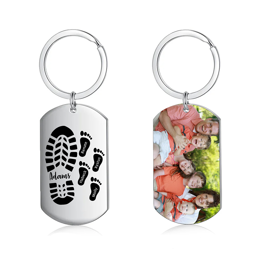 5 Names - Personalised Footprint Pattern Keyring Custom Named Father's Day Gift for Dad