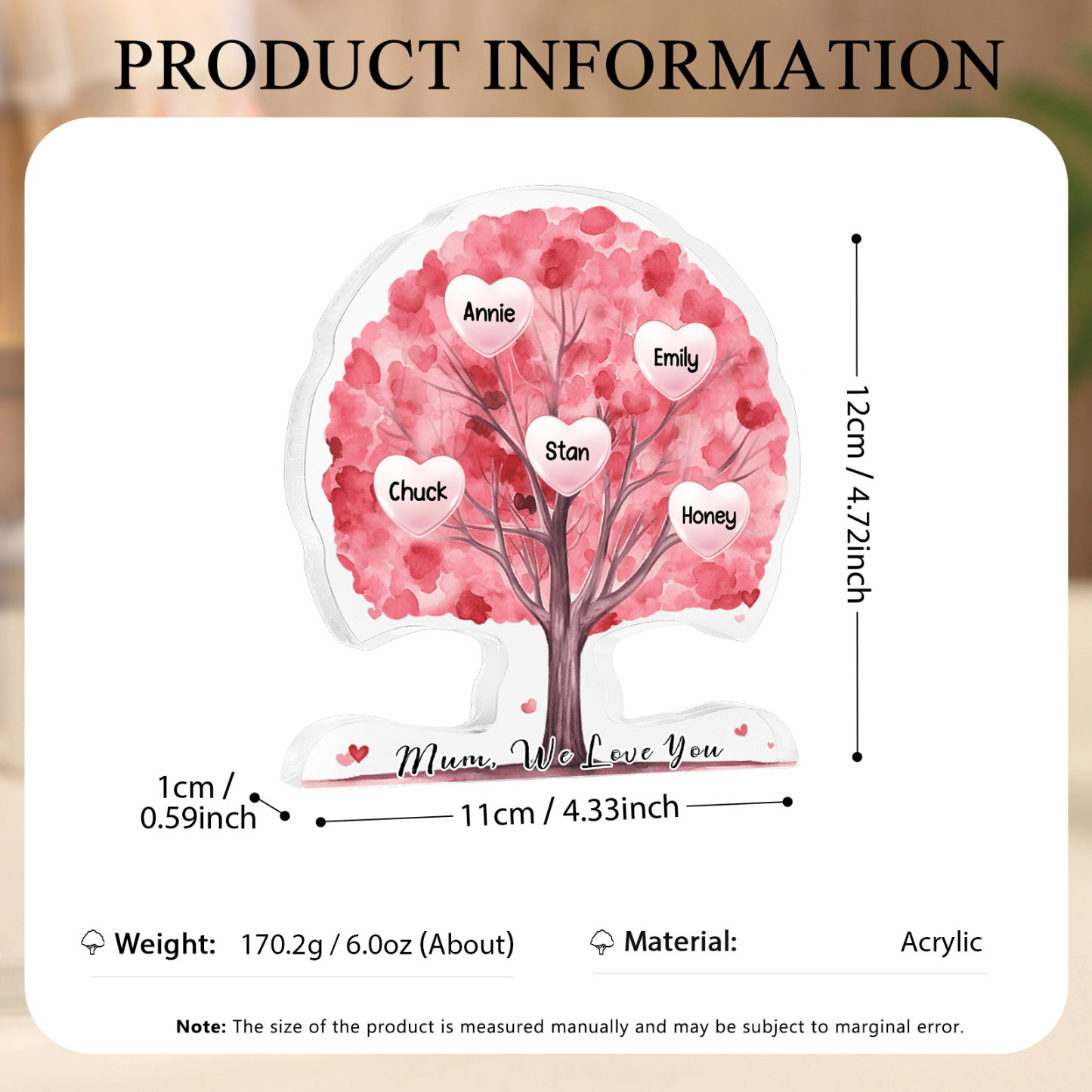 Personalised Heart Family Tree Ornament – Custom 5 Names & 1 Text – Unique Mother's Day Gift for Her | Jessemade