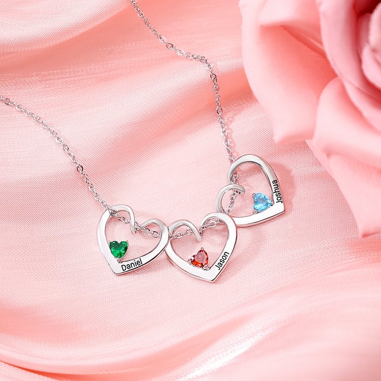 4 Names- Personalised Birthstone Necklace Set with Rose Gift Box - Customized Love Pendant Necklace Engraved Name Gift for Her