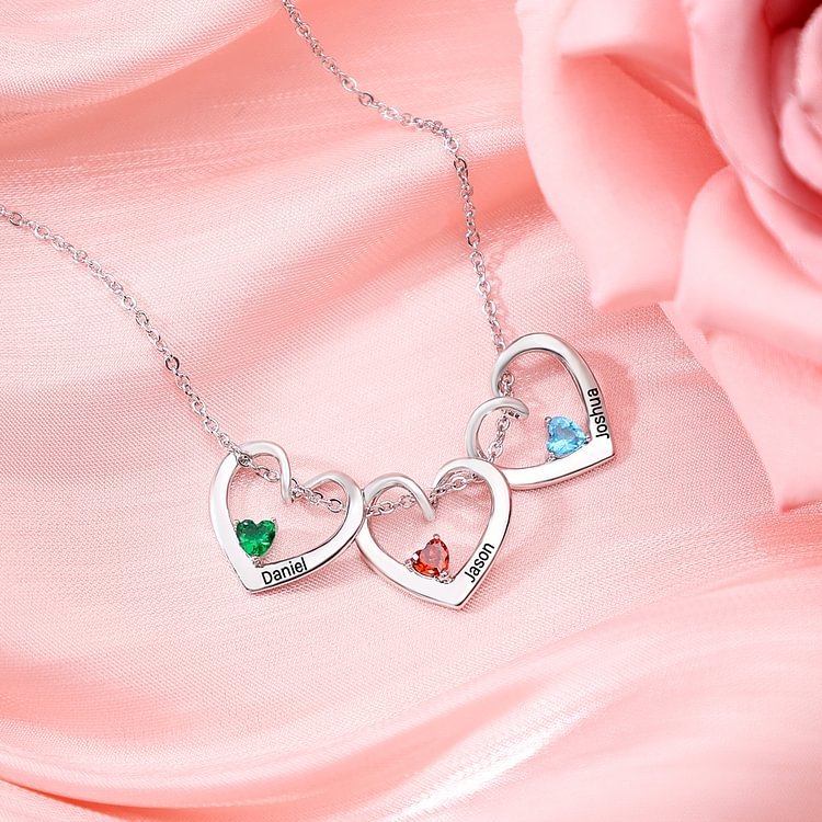 4 Names- Personalised Birthstone Necklace Set with Rose Gift Box - Customized Love Pendant Necklace Engraved Name Gift for Her