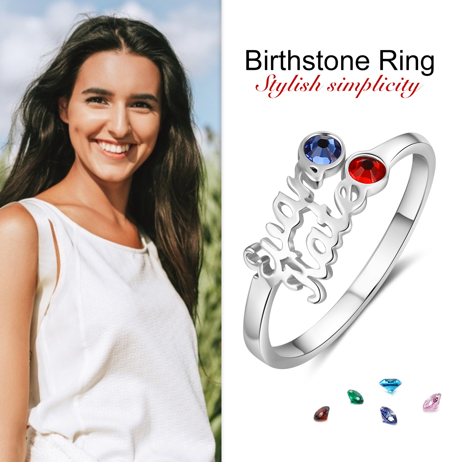Personalised Birthstone Ring Custom 2 Names Ring Best Gift For Women