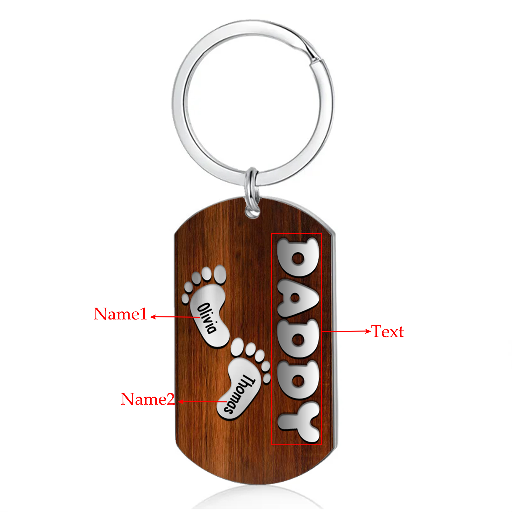 2 Names - Personalised Custom Footprint Pattern Keyring Custom Name and Text Gift for Dad