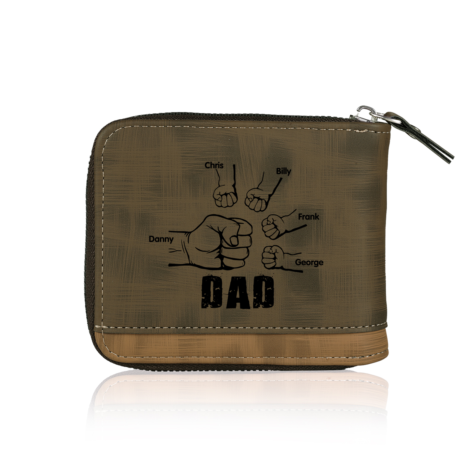 5 Names - Personalised Photo Custom Leather Men's Zipper Wallet as a Father's Day Gift for Dad