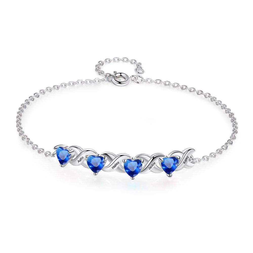 Personalized Bracelet With 4 Heart Birthstones Engraved Names Bracelet Gift For Women