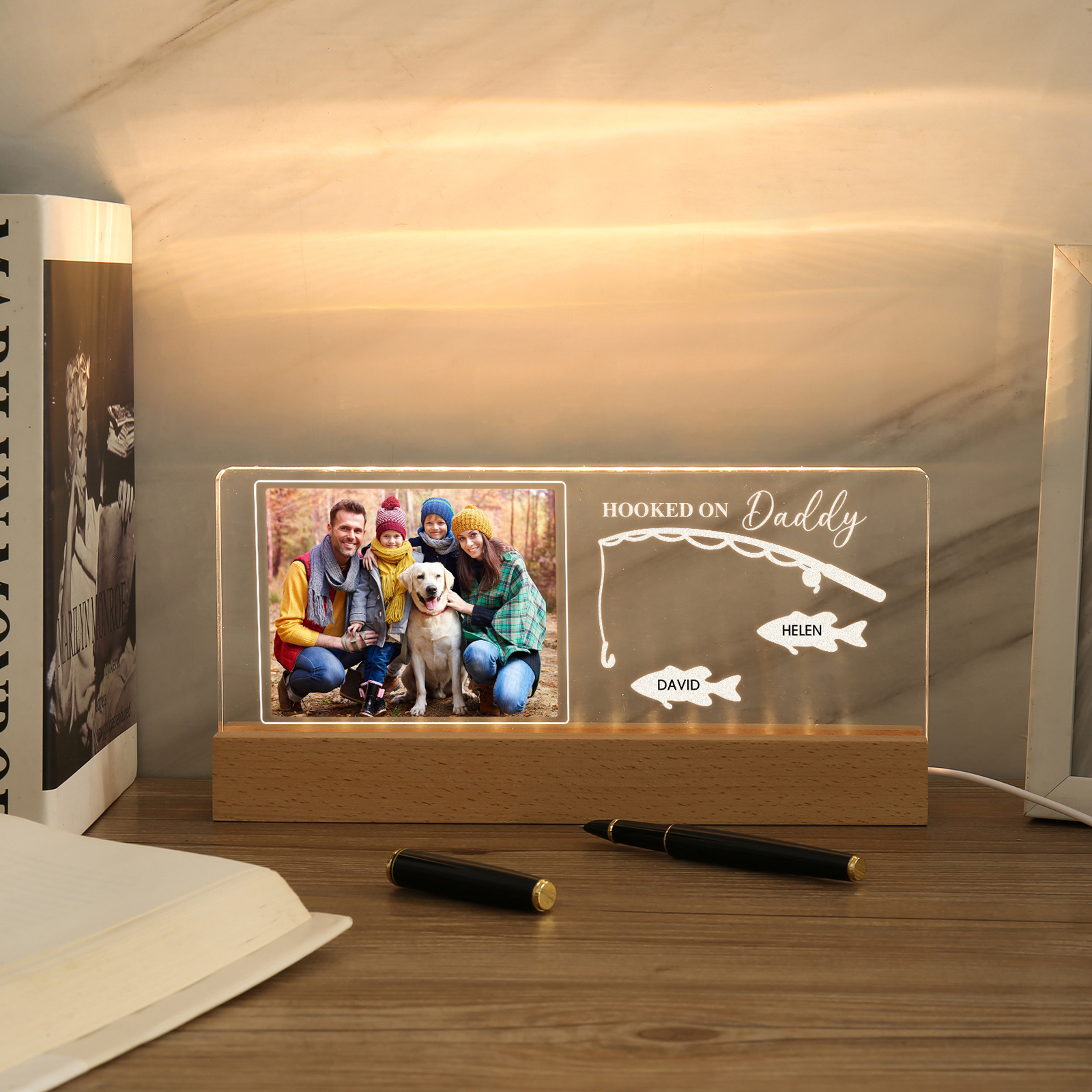 2 Names - Personalised Photo Fishing Pattern Desk Lamp Father's Day Gift For Dad