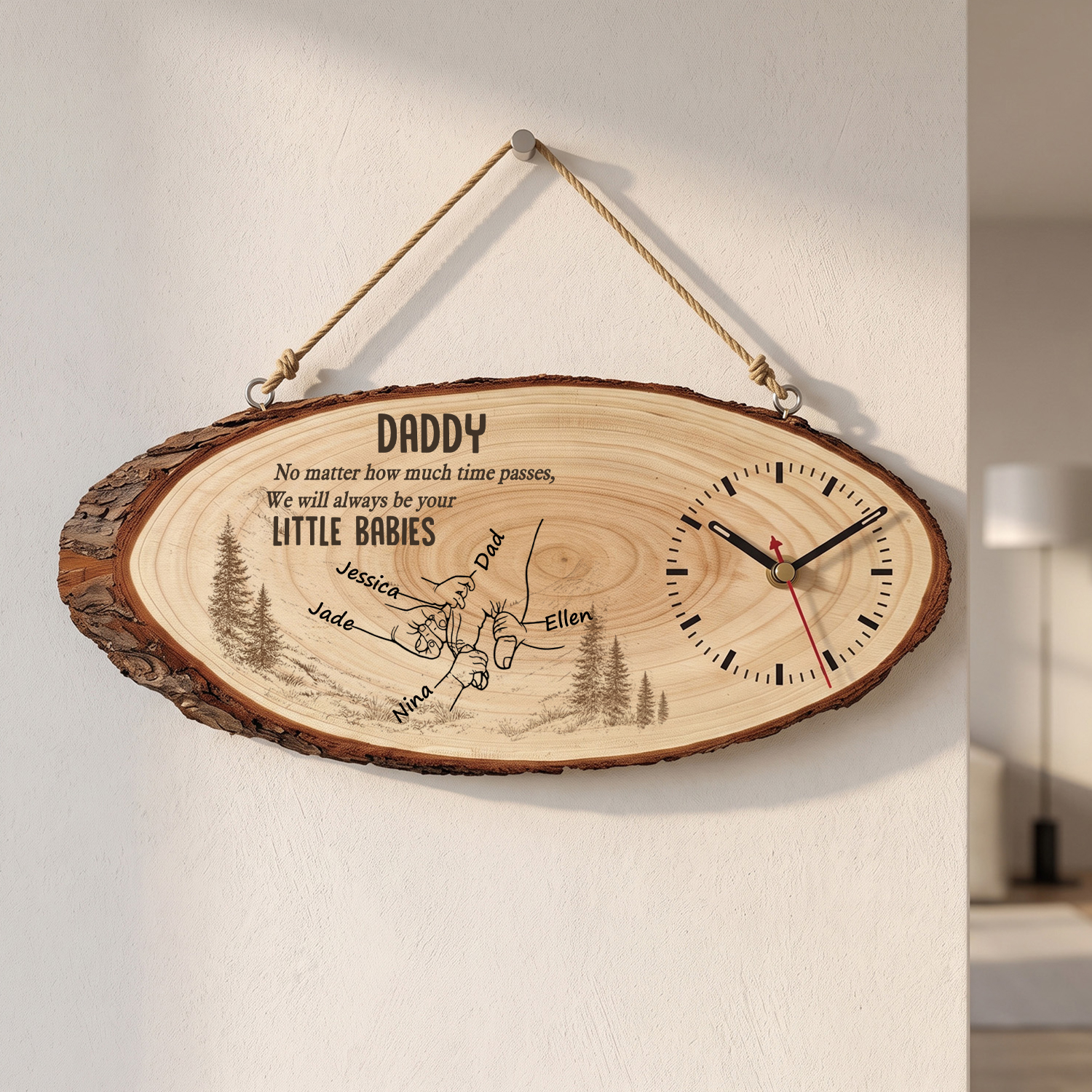 Personalised Wooden Clock with Interlocking Hands and 2 to 6 Names – Family Keepsake Gift for Dad