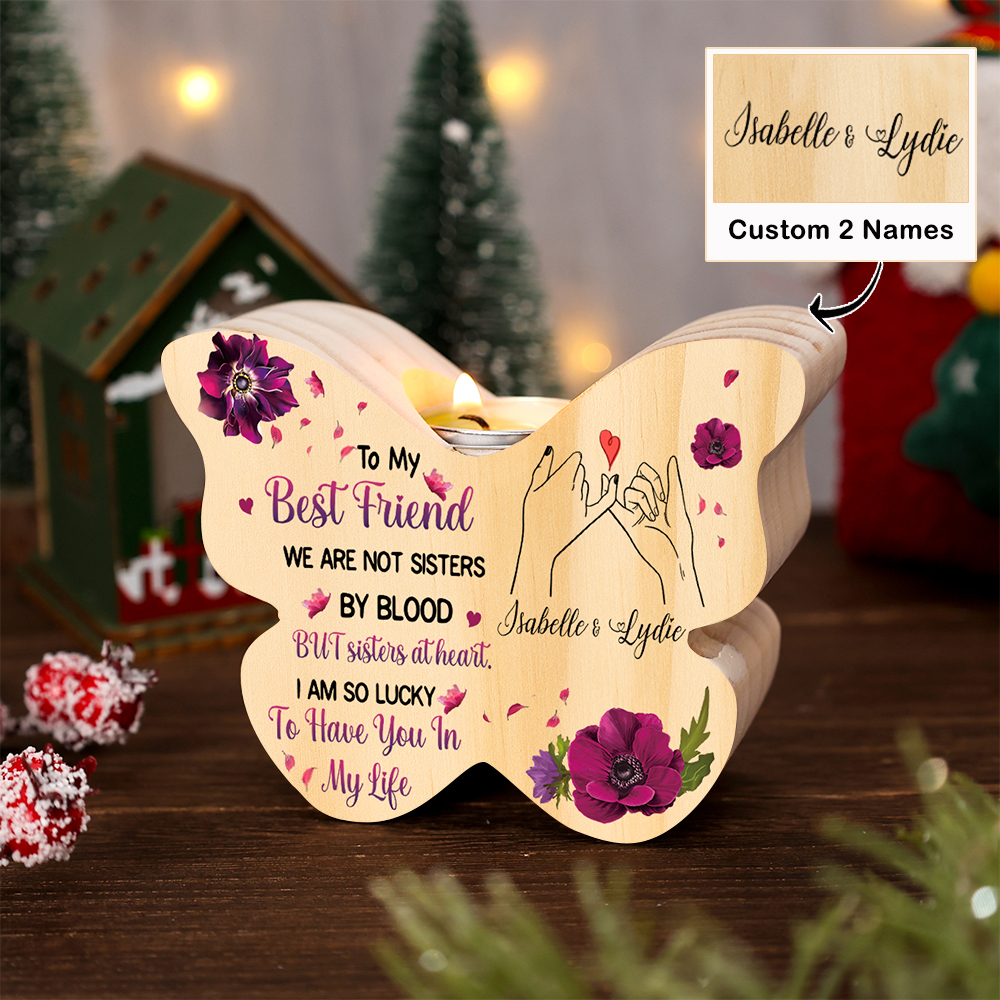 Personalised Candle Holder Custom 2 Names Butterfly Bestie Pinky Promise Wooden Candlesticks  – Christmas Gift for Friends | Jessemade