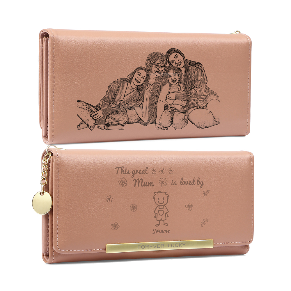Personalised Women Photo Leather Wallet Purse With Custom 1 Kid And Pet Name –“This Great Mum Is Loved By' - Mother's Day Presents For Mum | Jessemade