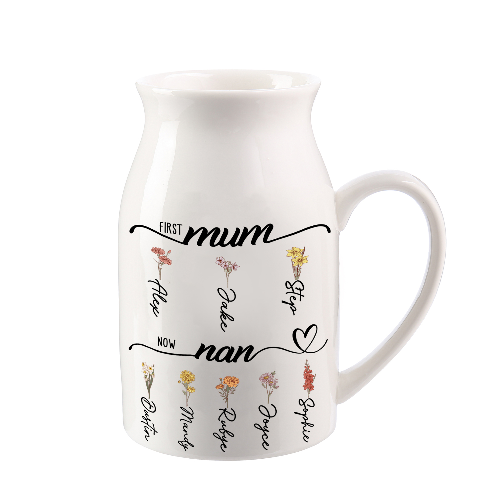 Personalised Floral Name Pitcher – “First Mum, Now Nan” Ceramic Flower Vase | Jessemade