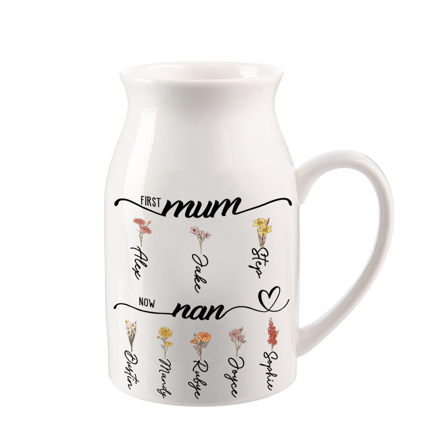 Personalised Floral Name Pitcher – “First Mum, Now Nan” Ceramic Flower Vase | Jessemade