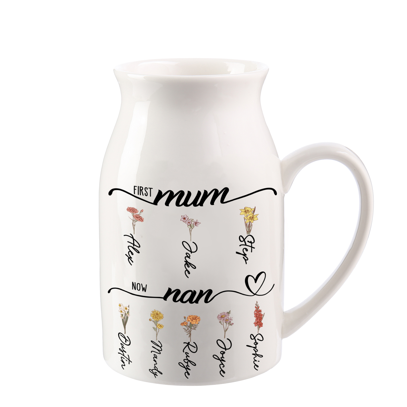 Personalised Floral Name Pitcher – “First Mum, Now Nan” Ceramic Flower Vase | Jessemade