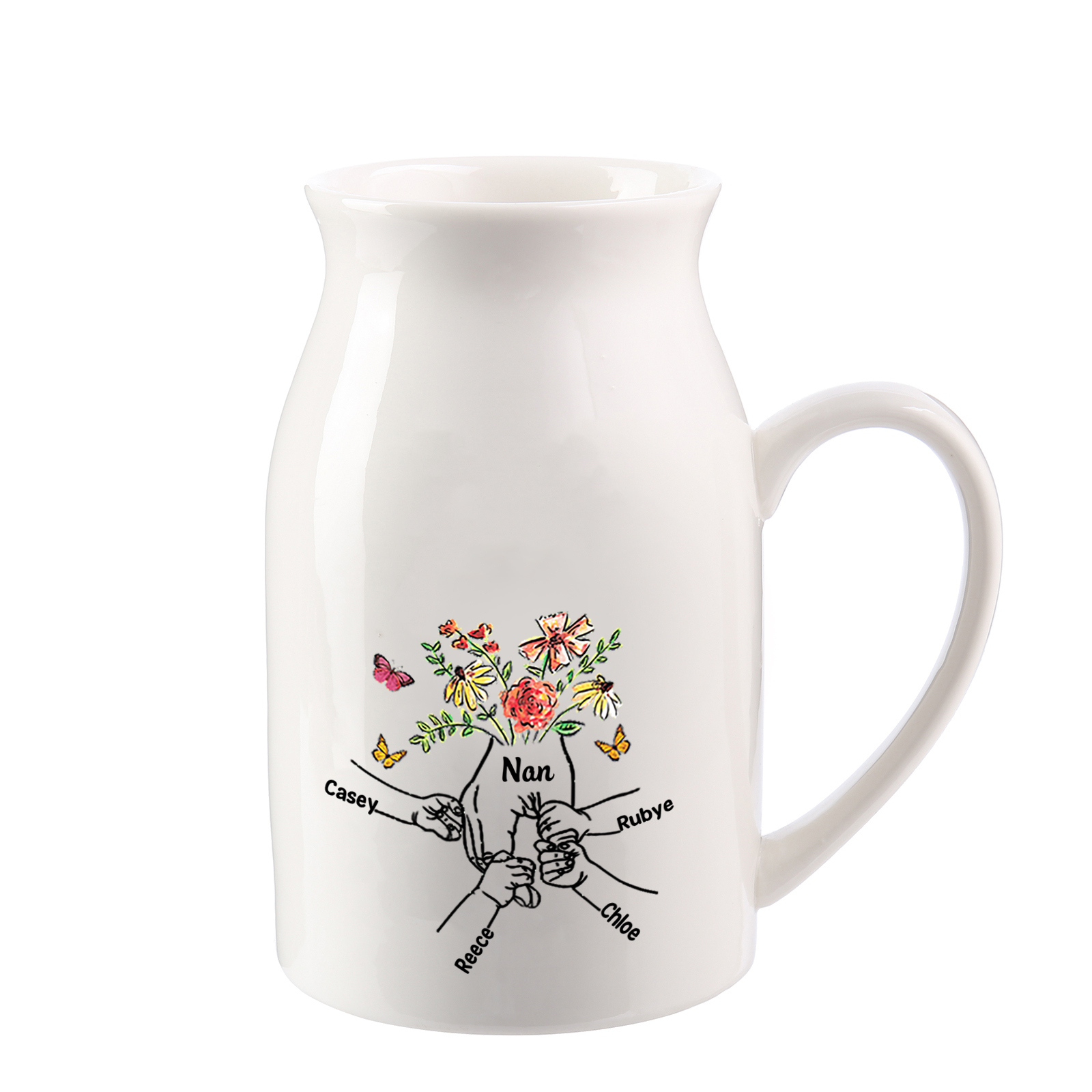 Personalised Ceramic Jug with Names – “Nan” Fist Floral Design | Jessemade