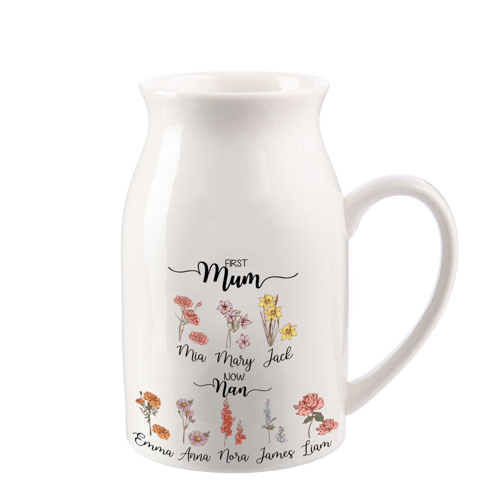 Personalised Ceramic Jug with Names – “First Mum, Now Nan” Floral Keepsake | Jessemade
