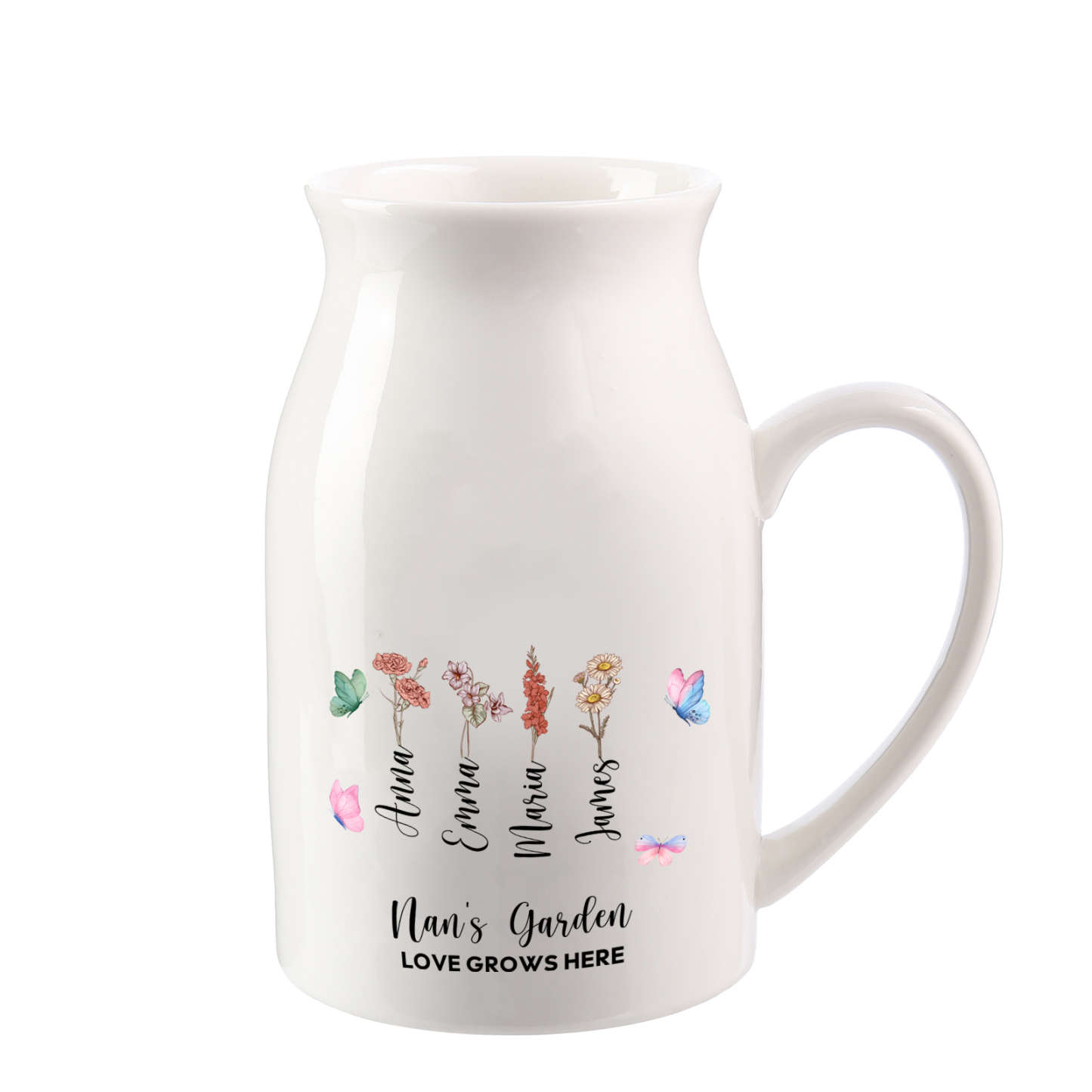 Personalised “Nan’s Garden” Ceramic Jug with Names & Birthflowers – A Blooming Tribute to Love | Jessemade