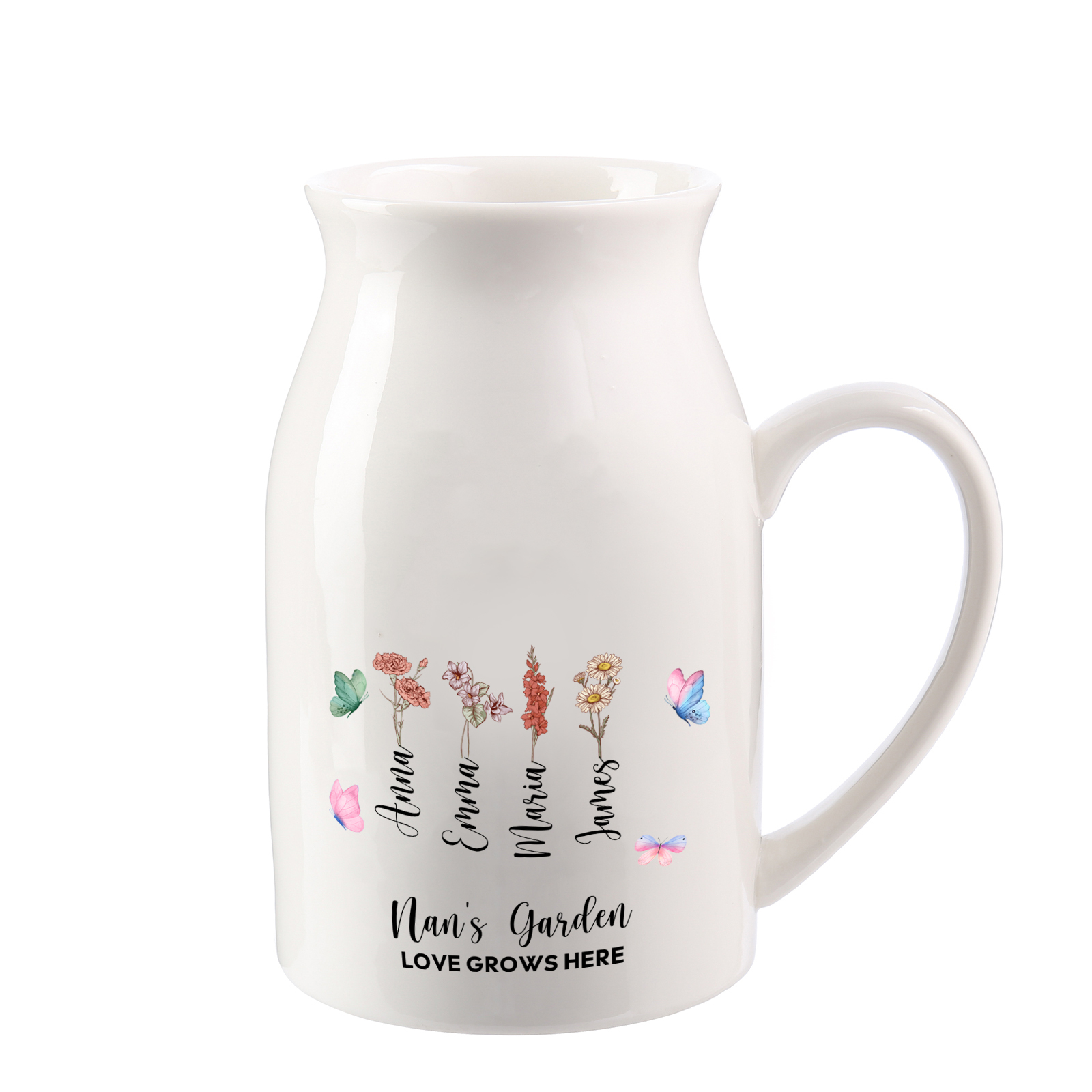 Personalised “Nan’s Garden” Ceramic Jug with Names & Birthflowers – A Blooming Tribute to Love | Jessemade