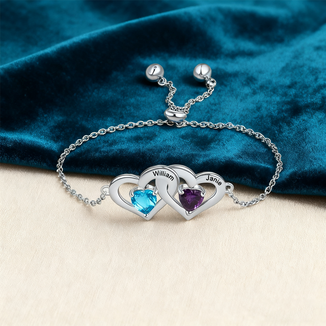 Personalised Heart Bracelet With 2 Birthstones Engraved Names Bracelet Gift For Women
