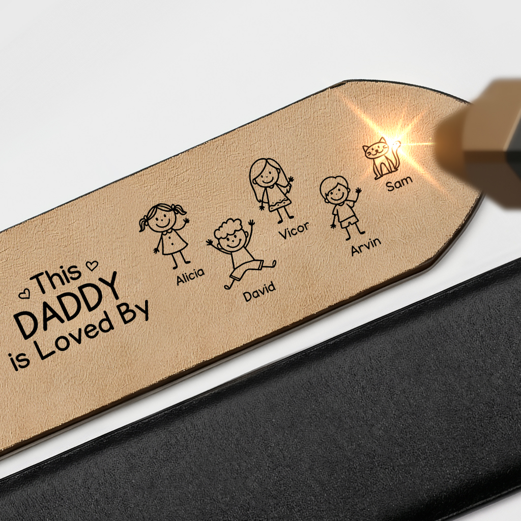 Personalised Leather Men’s Belt for Dad/Grandad, Customised with 1–10 Names and Child Figures