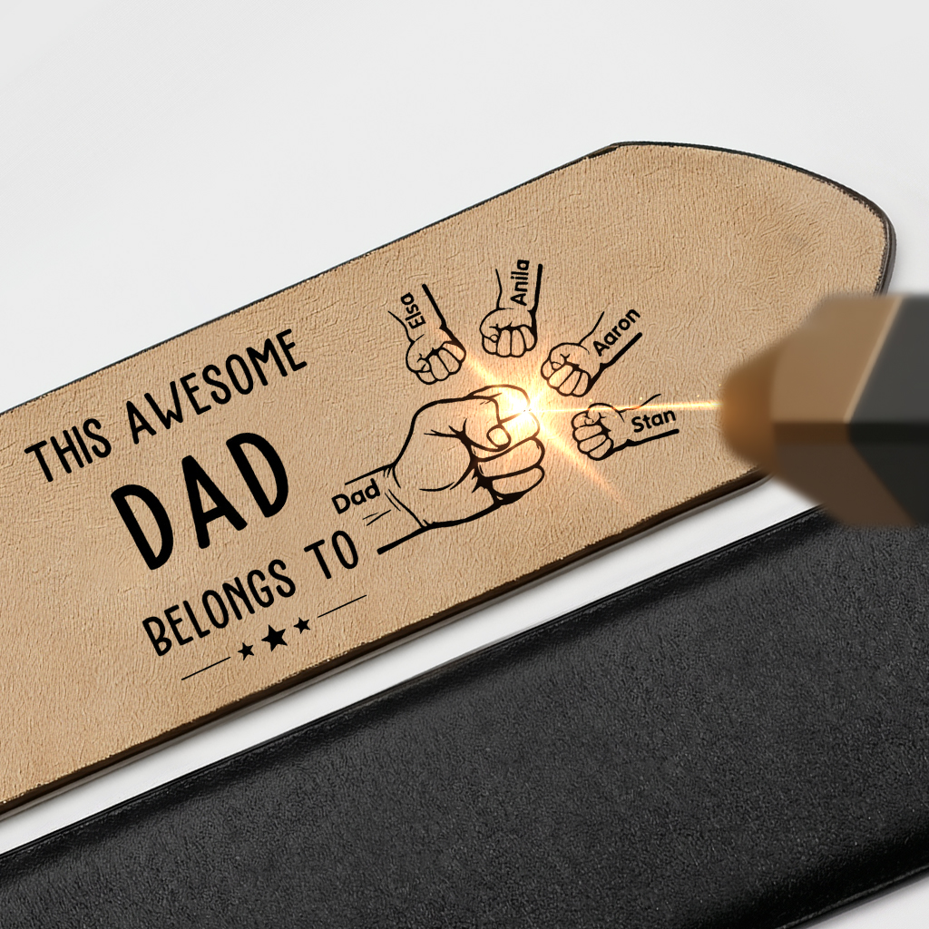 Personalised Fist Leather Belt with 2-7 Names & 1 Nickname, Custom Adjustable Man Belt Gift for Dad