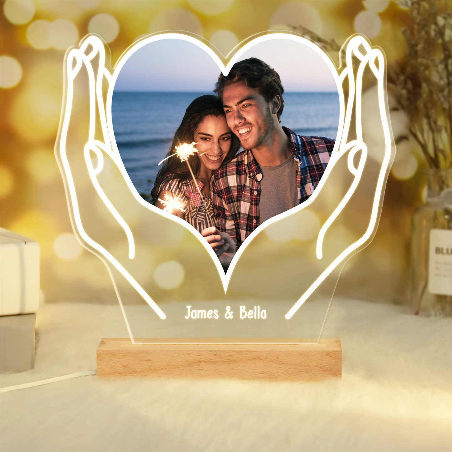 Personalised Heart Photo Lamp – Custom Name Gift with Mirror Hands Couple Memorial Gifts for Her | Jessmade