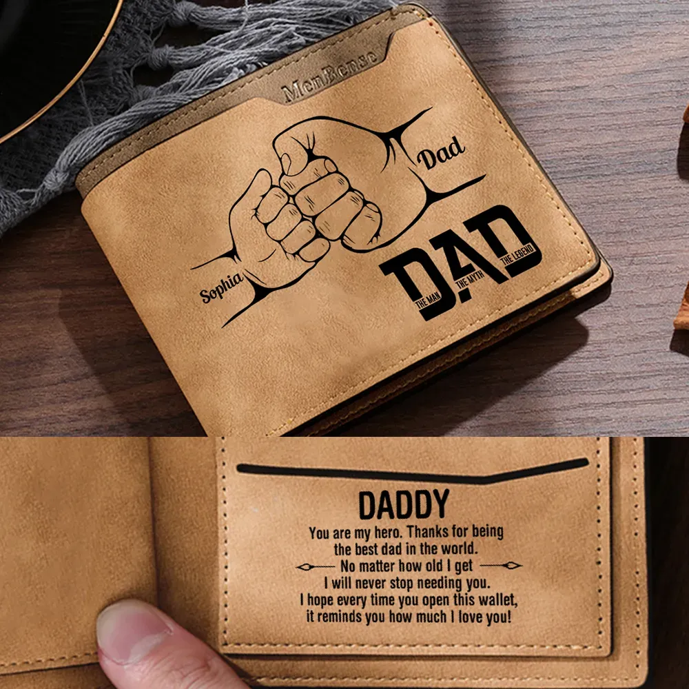 Personalised 2-9 Names Fist Bump Pattern Custom Name Leather Men's Wallet for Dad