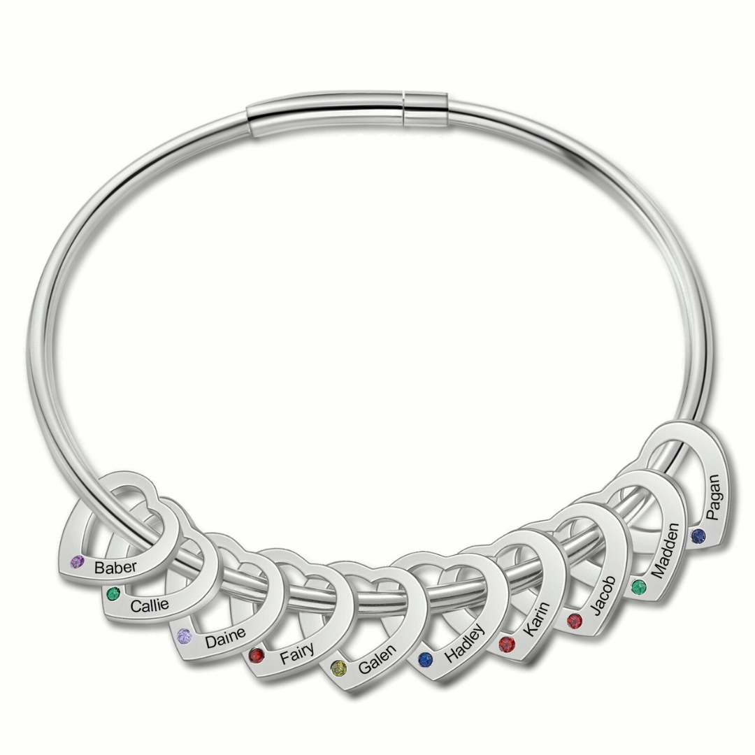 Personalised Women’s Bracelet with Custom 10 Names & Birthstones Heart Bracelet Gift for Her | Jessmade