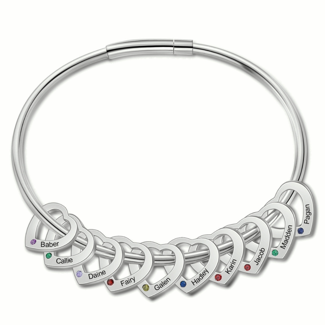 Personalised Women’s Bracelet with Custom 10 Names & Birthstones Heart Bracelet Gift for Her | Jessmade