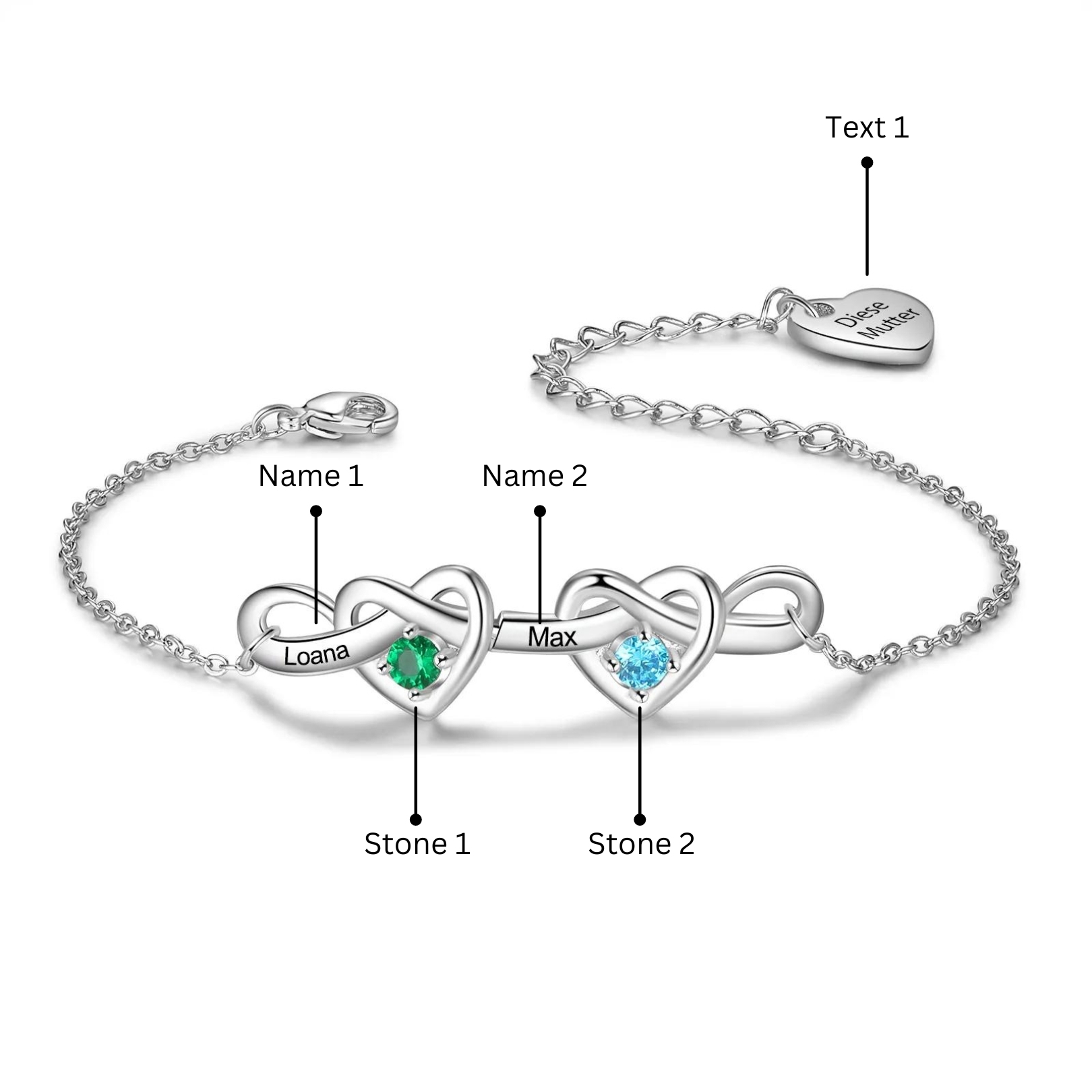 2 Names-Personalized Linked Heart Bracelet With 2 Birthstones Engraved Names And Text Bangle For Her