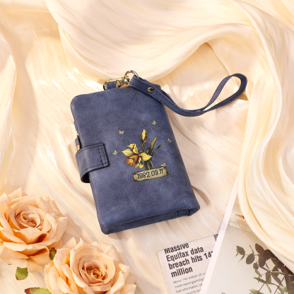 Personalised Women's Wallet Custom Birth Flower and Name PU Leather Wallet Gift for Her | Jessmade