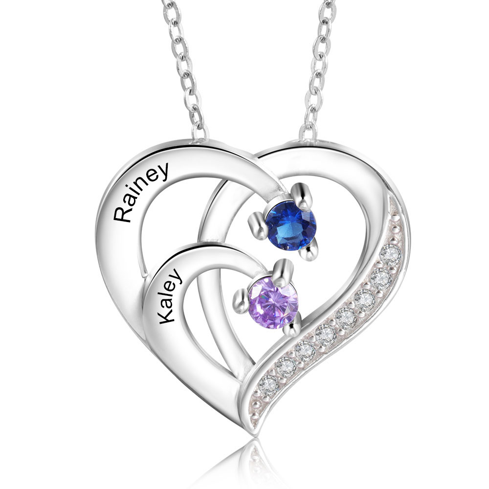 Personalised Mother Necklace 2 Stones Engraved 2 Names Birthstone Intertwined Heart Pendant Christmas Gifts for Her