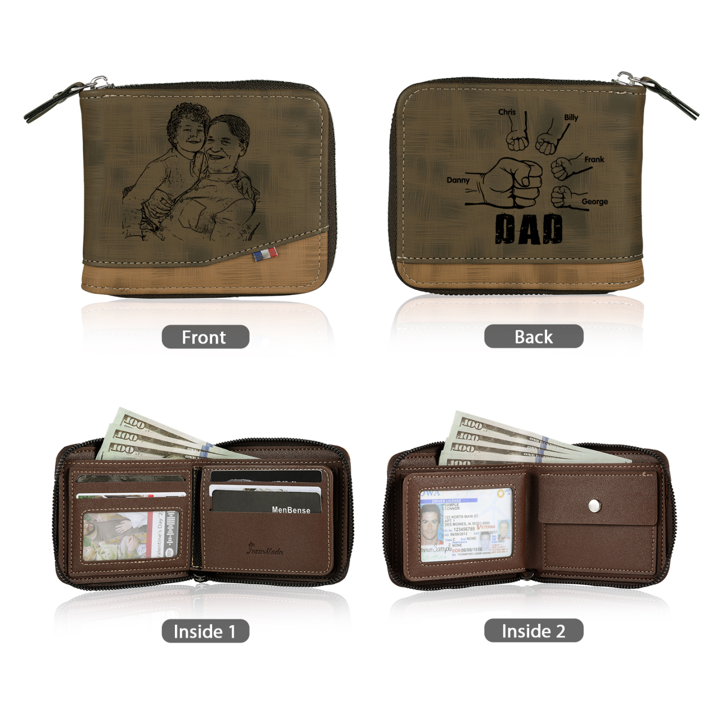 5 Names - Personalised Photo Custom Leather Men's Zipper Wallet as a Father's Day Gift for Dad