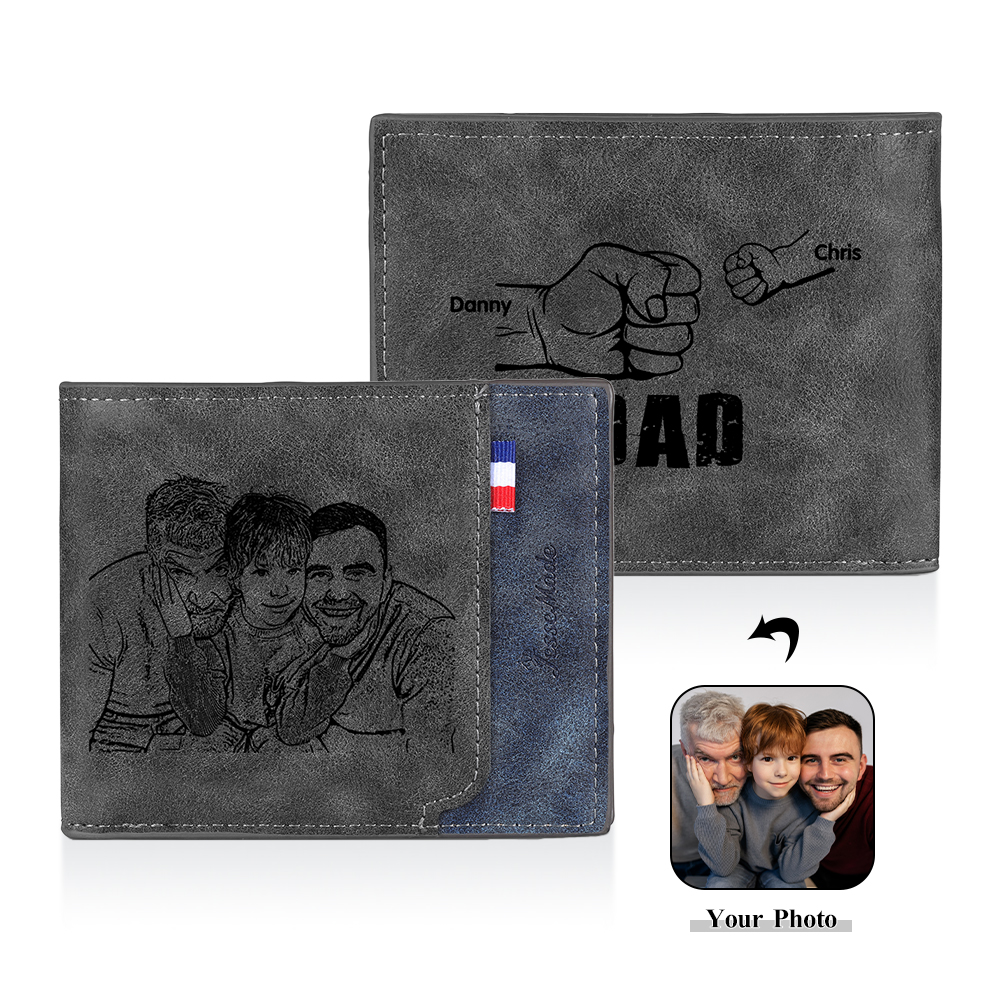 2 Names - Personalised Fist Bump Photo Custom Leather Men's  Wallet as a Father's Day Gift for Dad