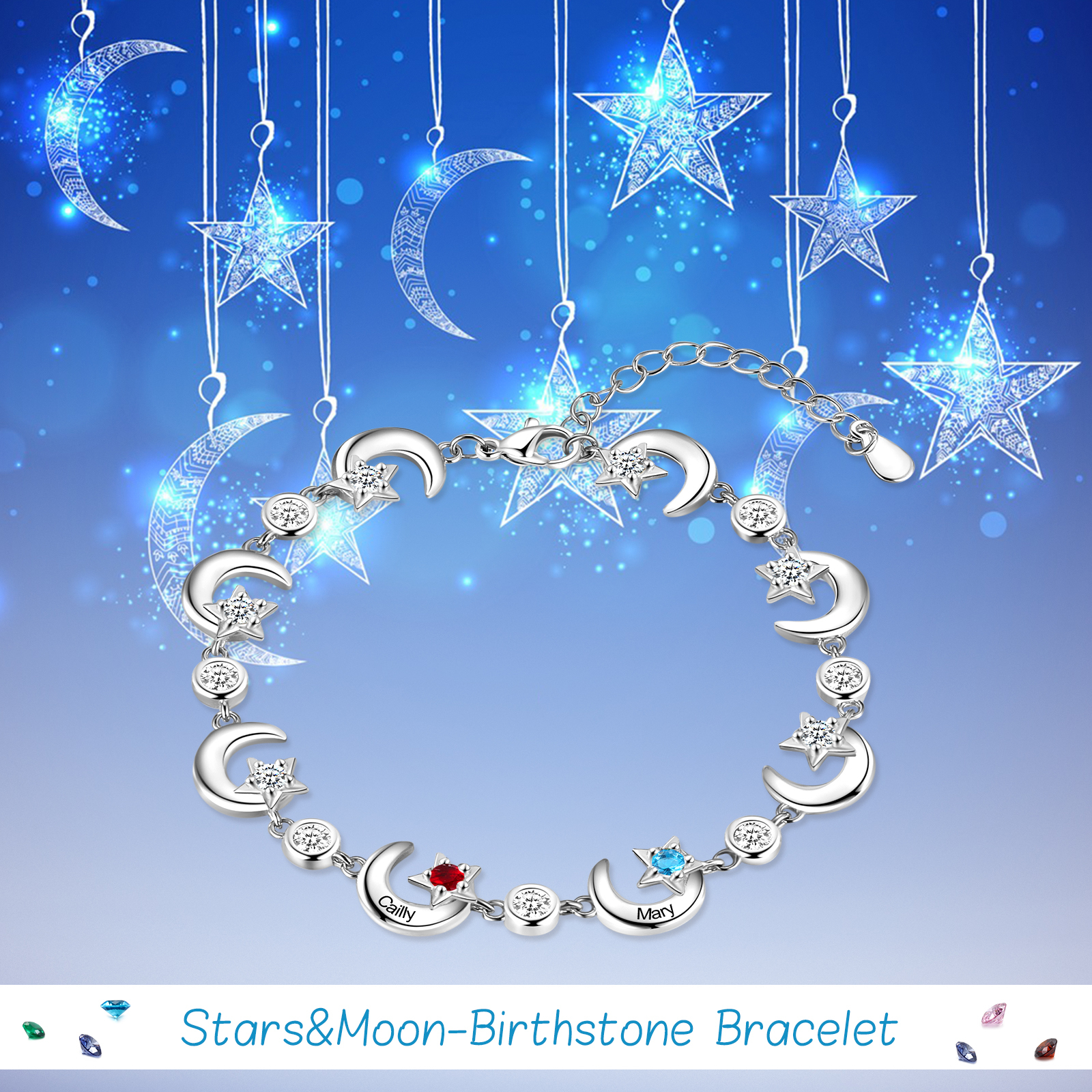 2 Names-Personalised Moons And Stars Bracelet With 2 Birthstones Custom Names Bracelet Gift For Women