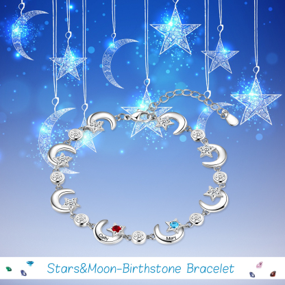 2 Names-Personalised Moons And Stars Bracelet With 2 Birthstones Custom Names Bracelet Gift For Women