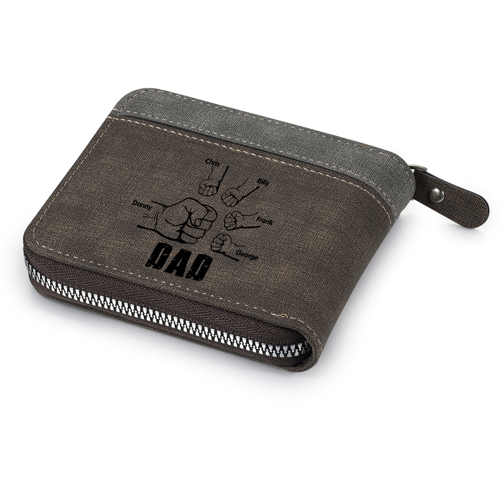 5 Names - Personalised Fist Bump Photo Custom Leather Men's Zipper Wallet as a Father's Day Gift for Dad