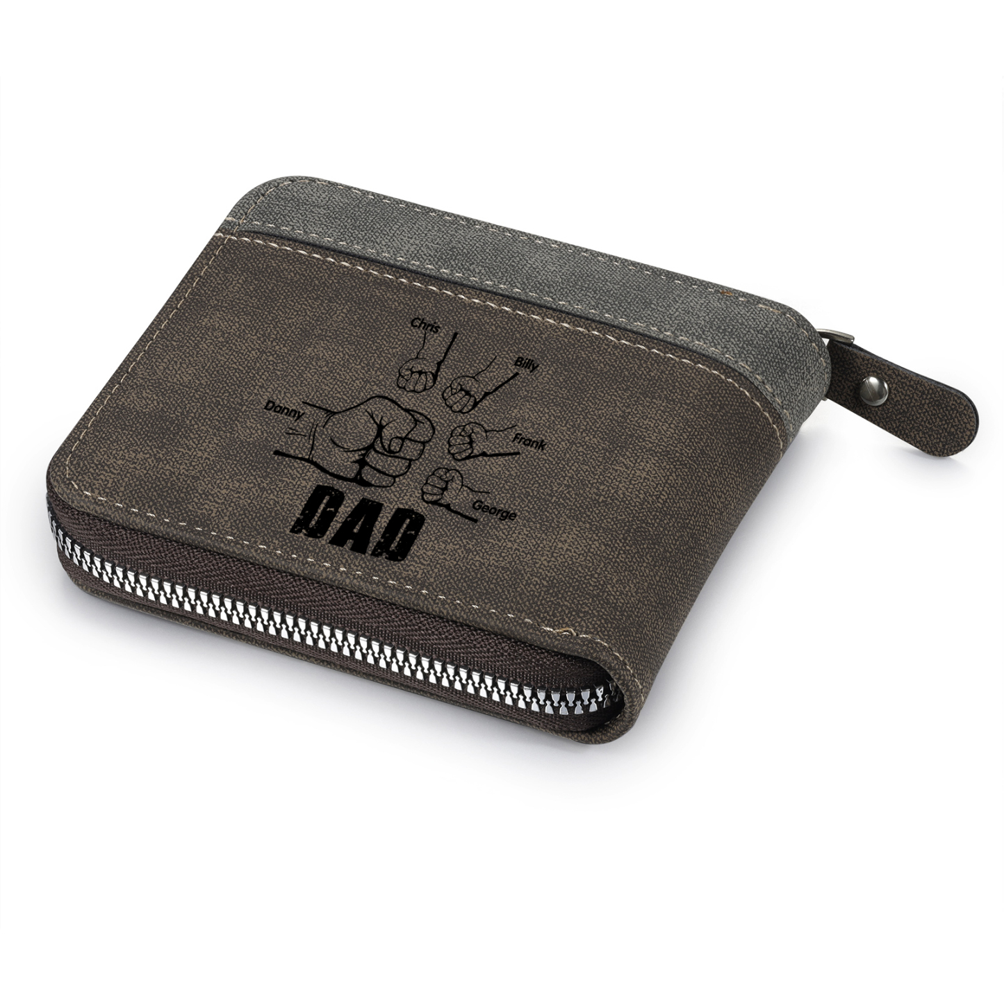 5 Names - Personalised Fist Bump Photo Custom Leather Men's Zipper Wallet as a Father's Day Gift for Dad