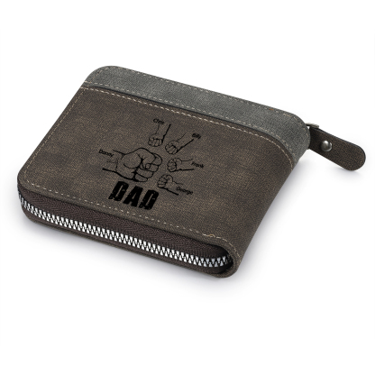 5 Names - Personalised Fist Bump Photo Custom Leather Men's Zipper Wallet as a Father's Day Gift for Dad
