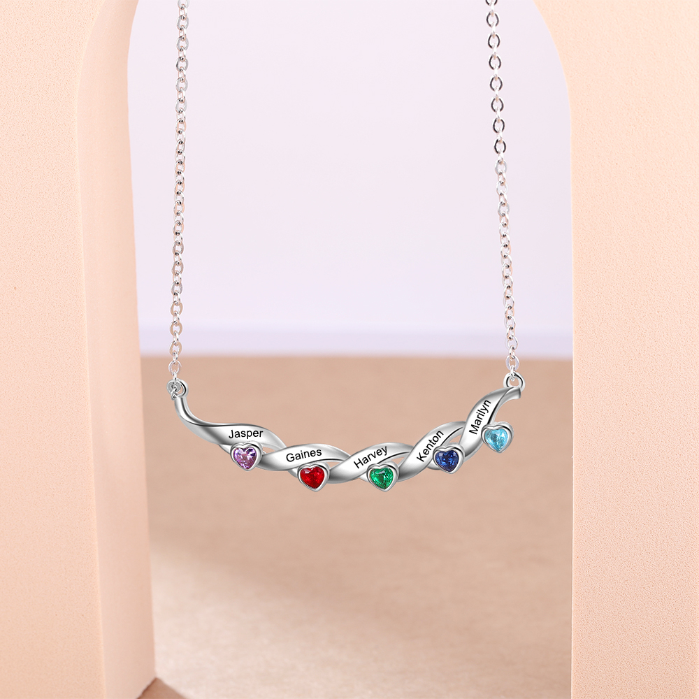Mother's Day Gifts Customized Spiral Cascading Pendant Necklace with 5 Birthstones Engraving 5 Names