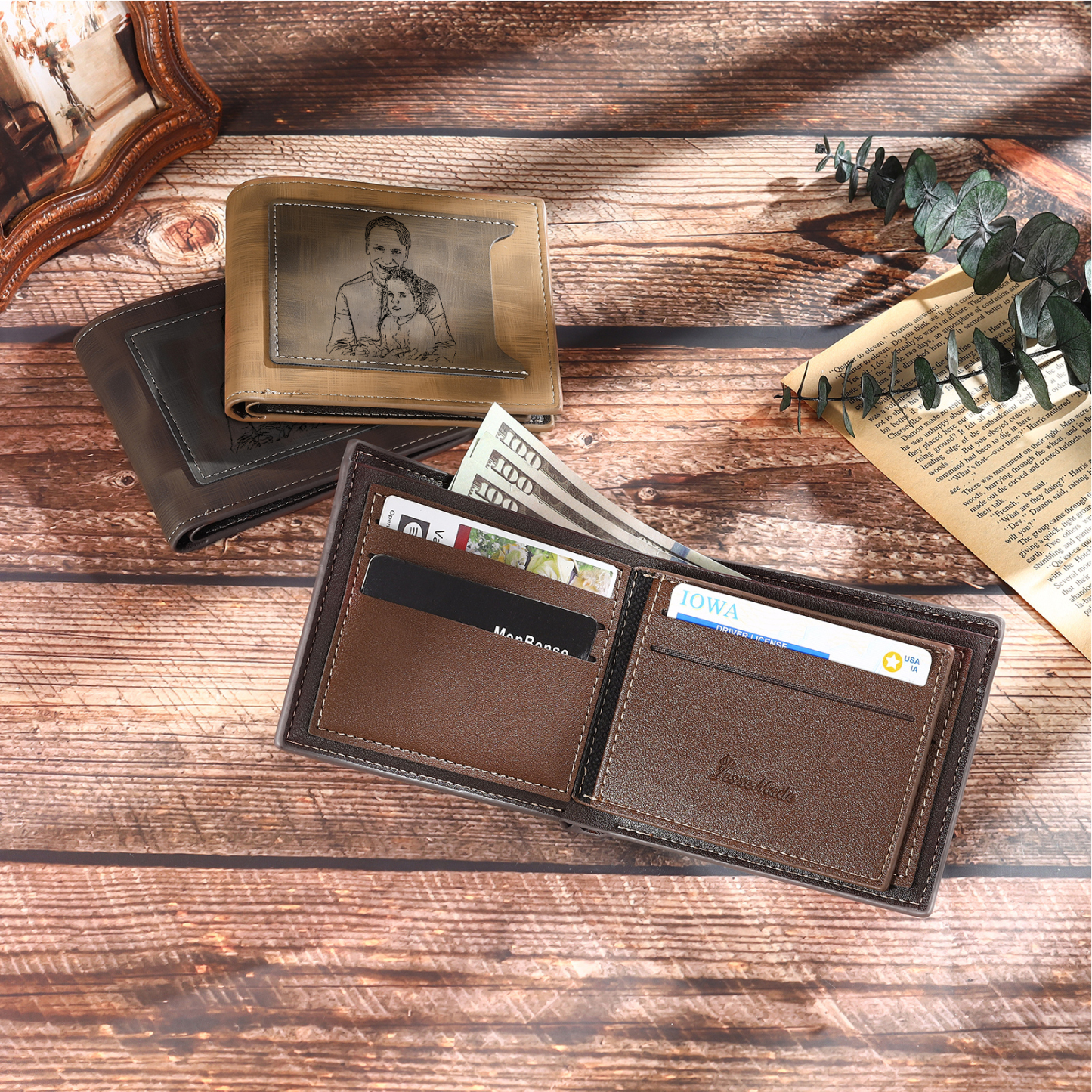 3 Names - Personalised Photo Custom Leather Men's Wallet as a Father's Day Gift for Dad