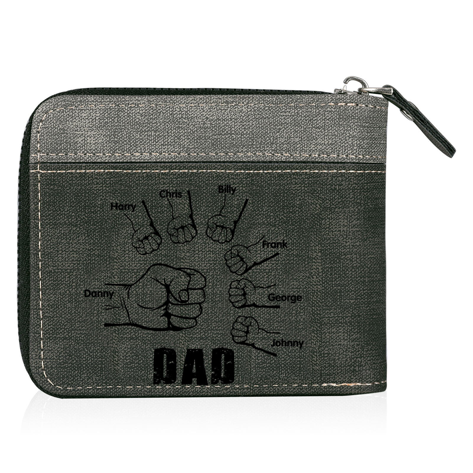 7 Names - Personalised Fist Bump Photo Custom Leather Men's Zipper Wallet as a Father's Day Gift for Dad